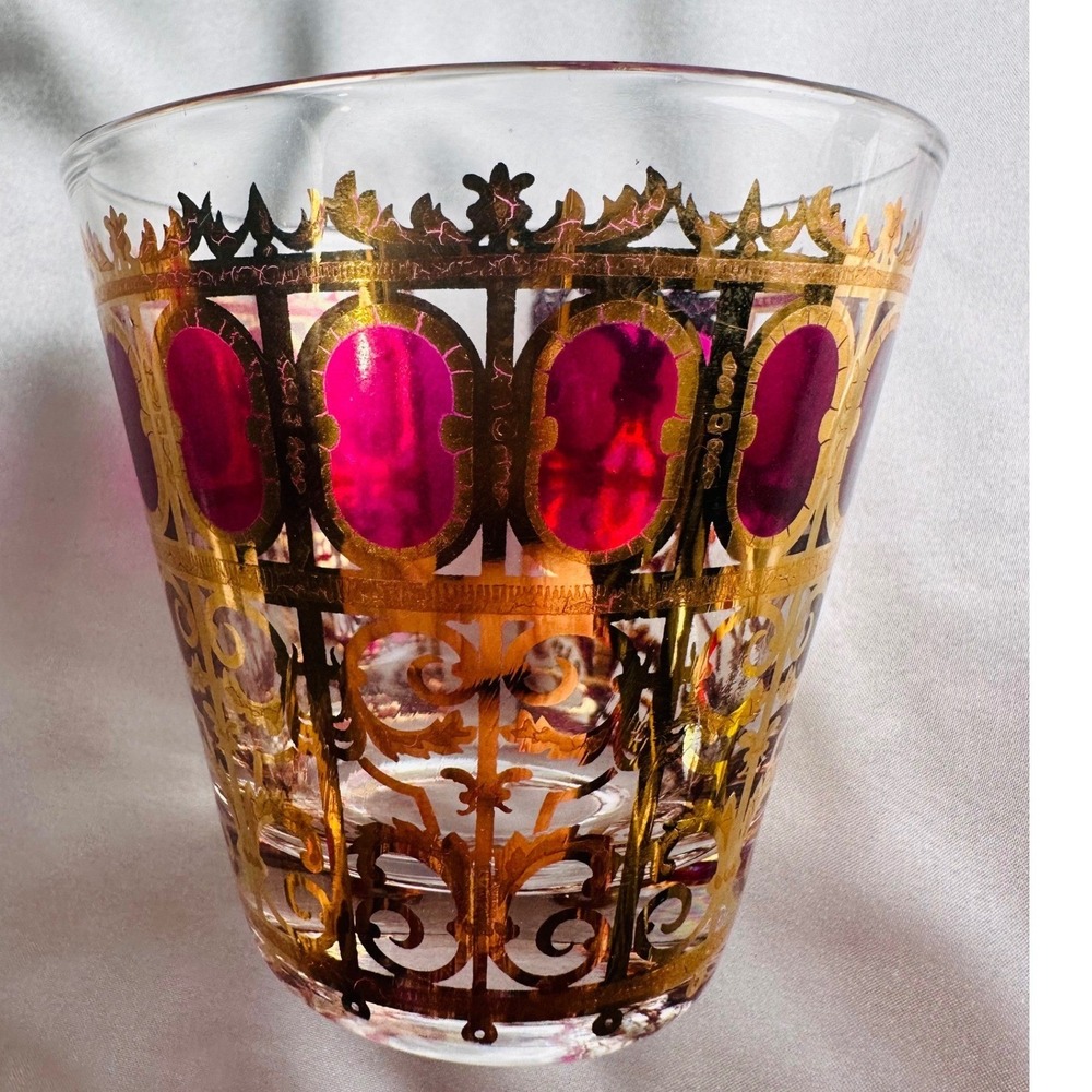 Culver Cranberry Scroll 22KT Gold Flared Rocks Whiskey Lowball Glasses 4 MCM - Picture 2 of 13